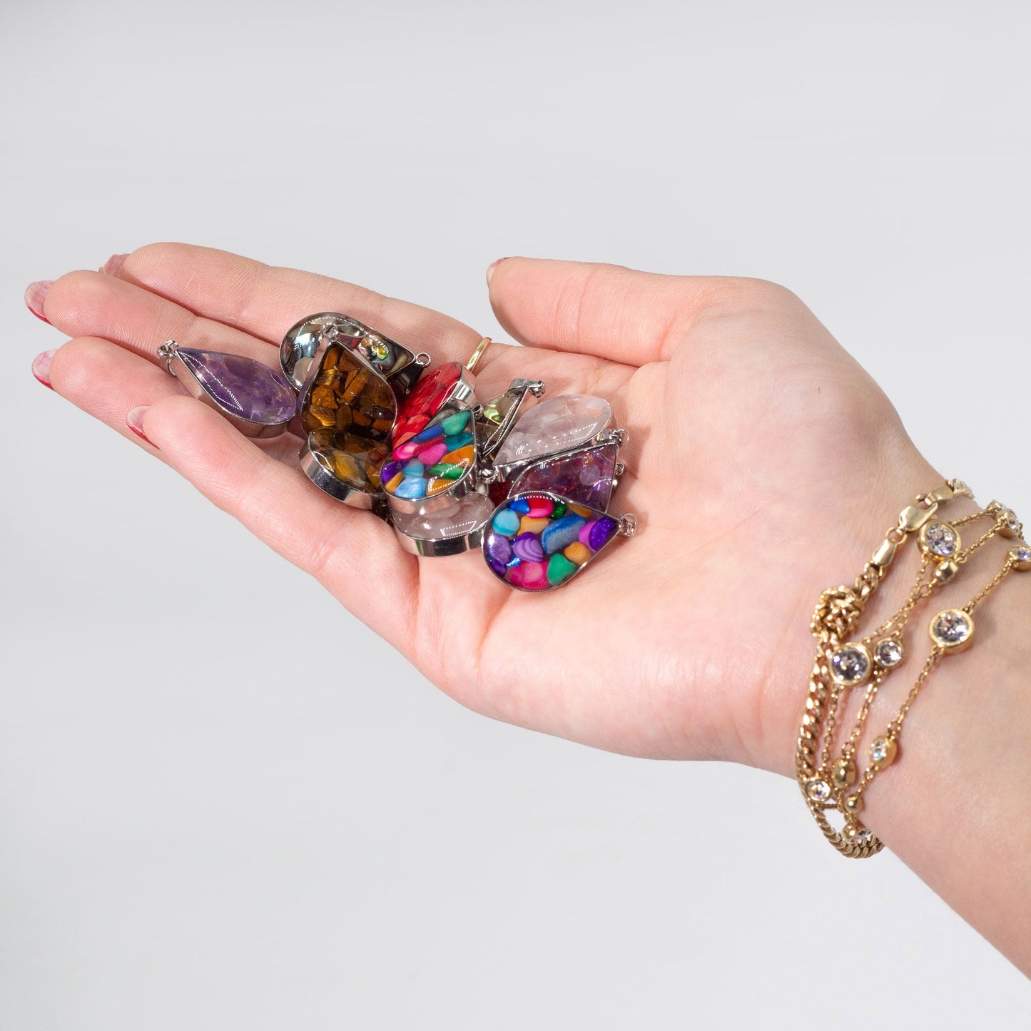 Steel Cased Pendant Teardrops - 12 Assorted Gemstone Chips & Shells