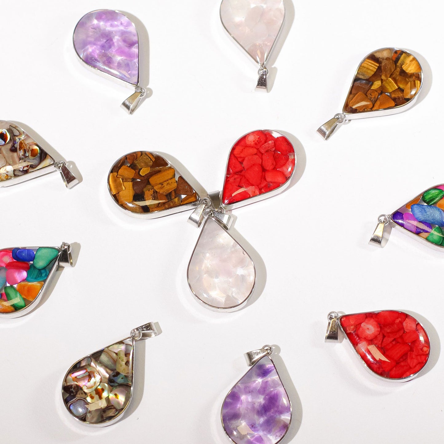 Steel Cased Pendant Teardrops - 12 Assorted Gemstone Chips & Shells