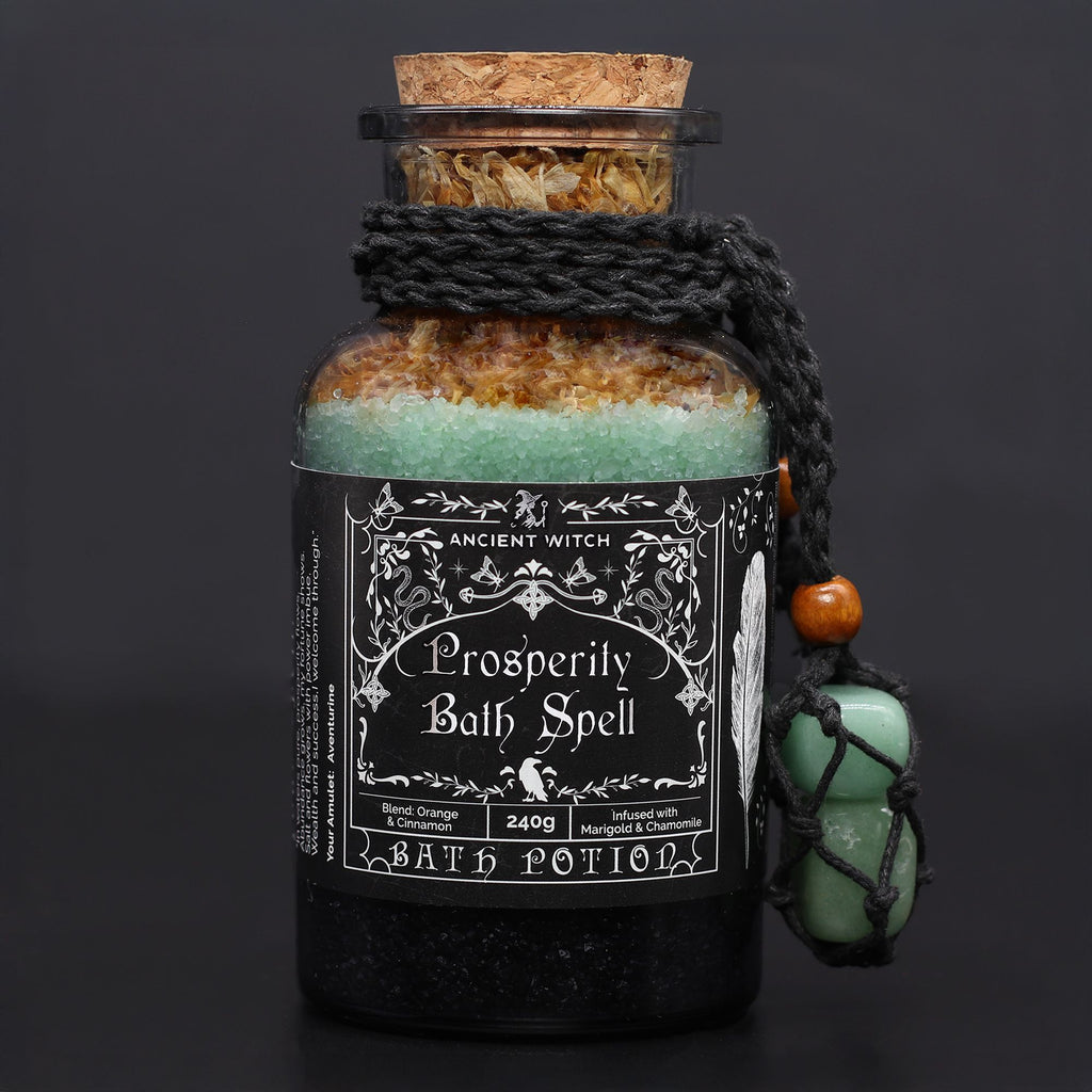 Ancient Witch Bath Spell Potion & Aventurine Crystal Amulet - Prosperity