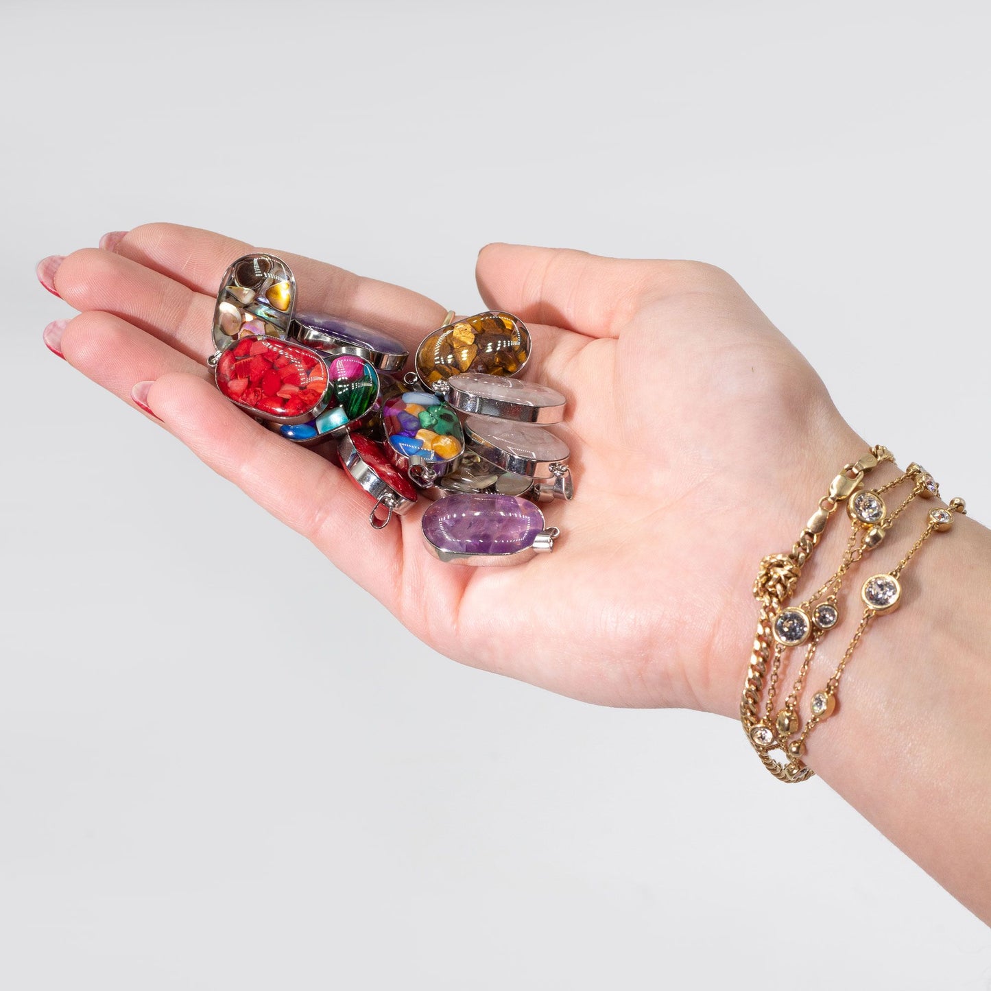 Steel Cased Pendant Ovals - 12 Assorted Gemstone Chips & Shells